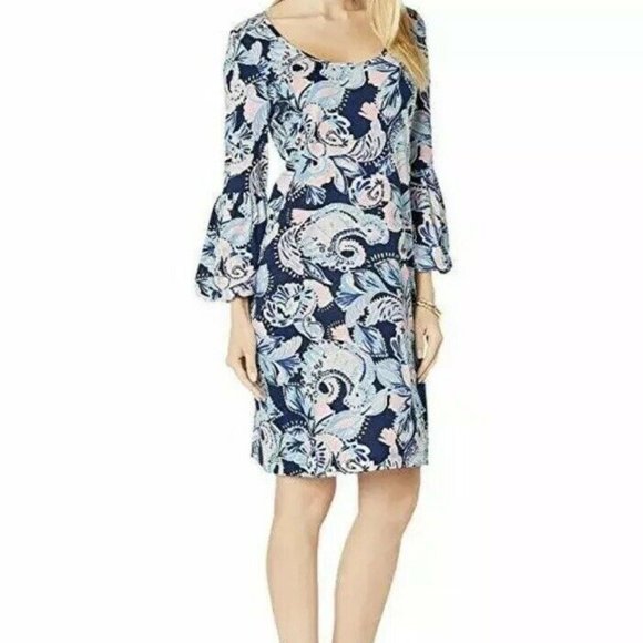 Lilly Pulitzer CARLILE Dress Sz XL Bubble Sleeve High Tife Navy Holy Flockamolie - Picture 3 of 4